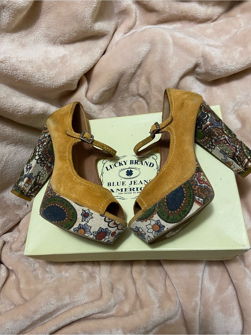 Lucky Brand Mustard Suede Peep-Toe Platform Heels with Paisley Print
